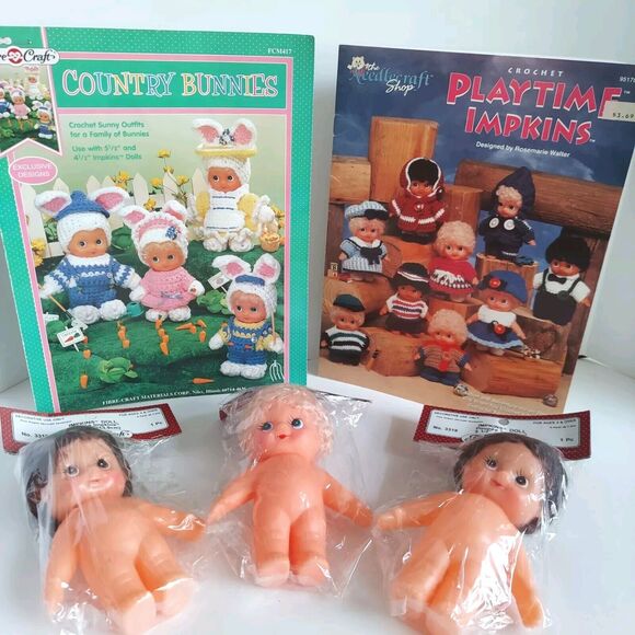Fibre Craft Other - New Fibre Craft Impkins 5.5" Dolls 3319 & Vintage Crochet Pattern Book Lot of 5
